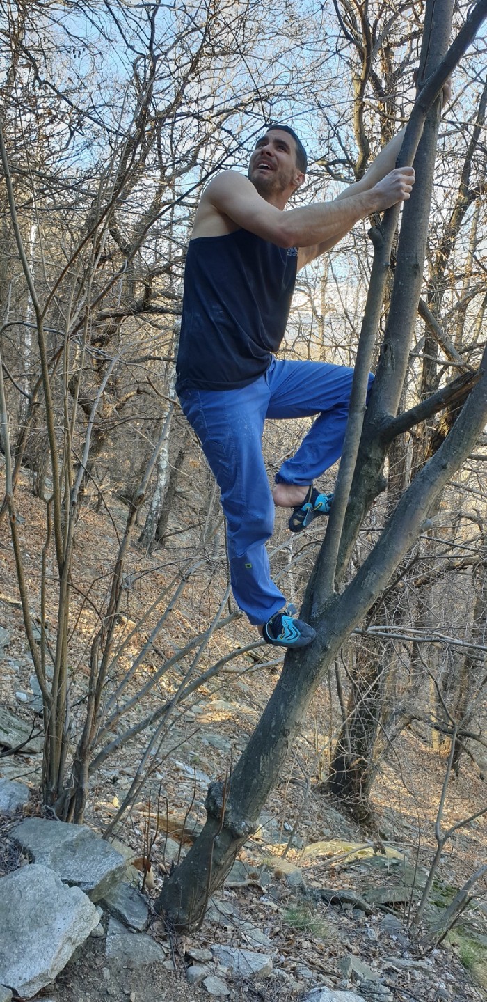 ... a po ňom mal takú radosť mal že z nej vyskočil na strom (v skutočnosti si obzerá, aké sú chyty v tom vysokom výleze).